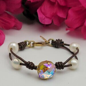 Victoria Lynn White Pearl Pink Crystal Leather Cord Bracelet 6.5" Spring Ring